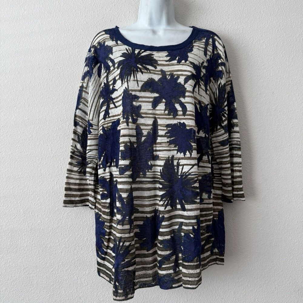 NIC+ZOE Linen Blend Striped Knit Tunic Top Plus 1X Palm Tree Blue Tan Coastal